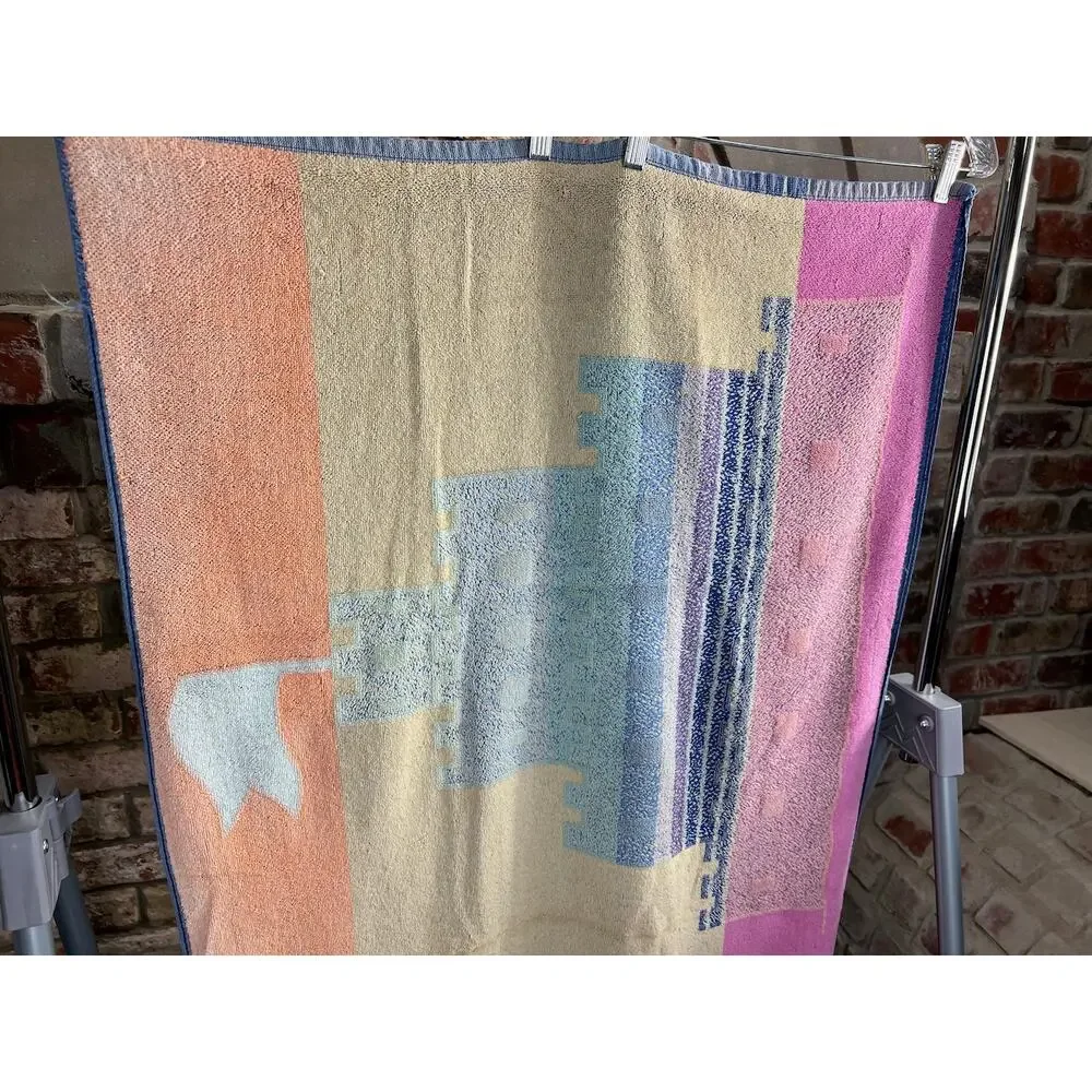 beach towel sandcastle pink blue orange 1980s
